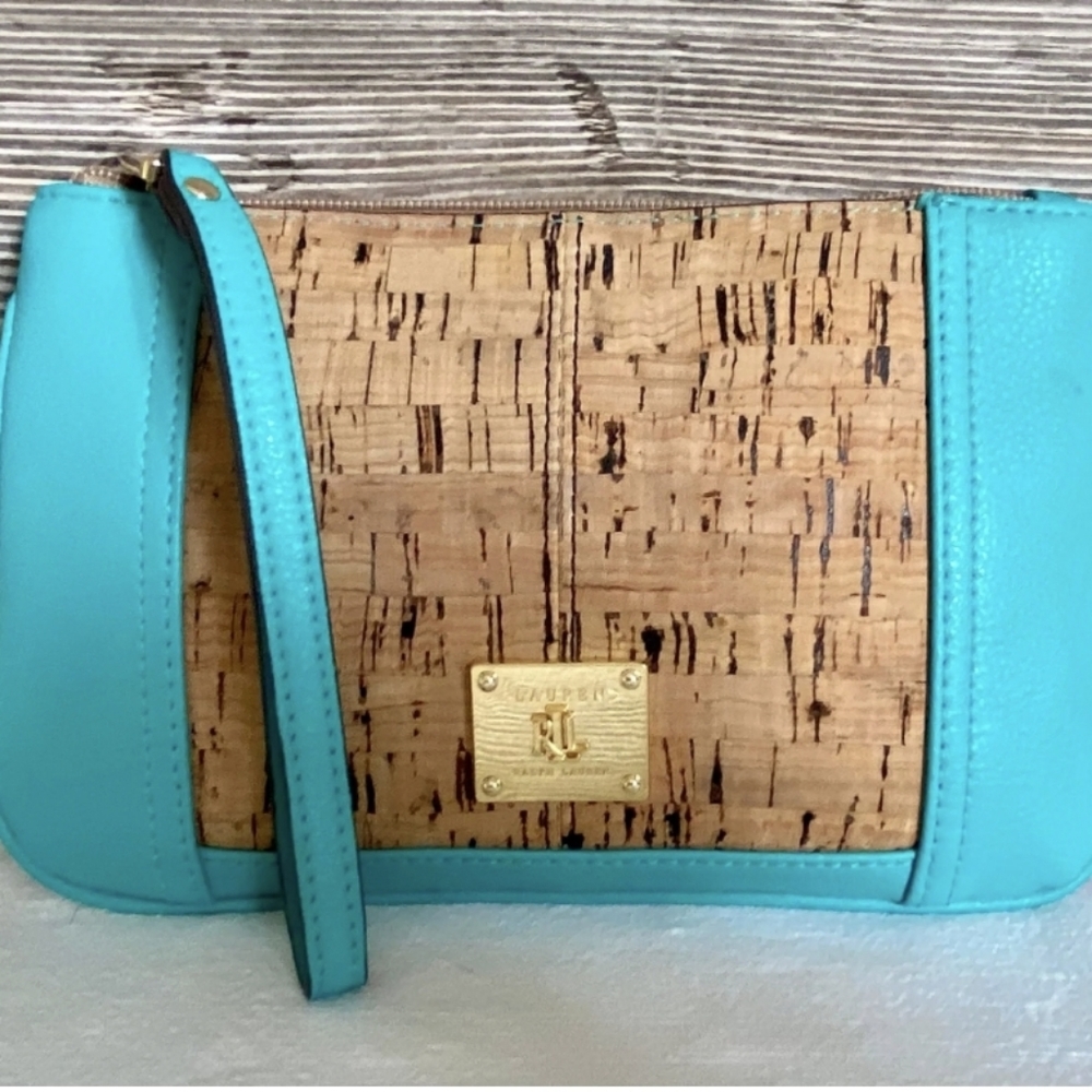 Vintage Lauren Ralph Lauren Leather Cork Zip Wristlet Wallet Purse Clutch